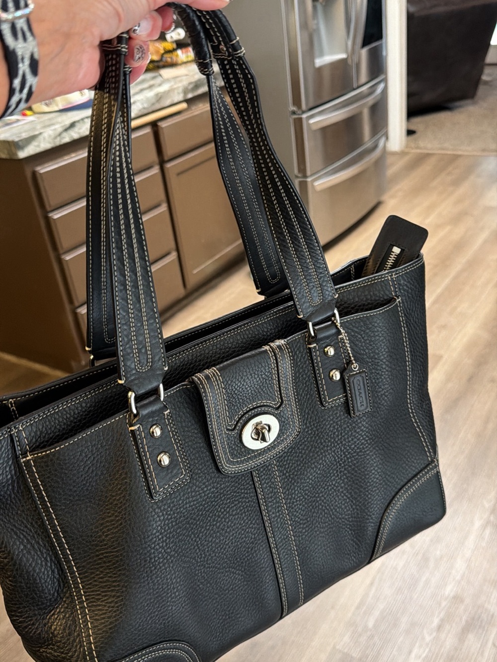 Coach Black Pebbled Leather Shoulder Bag with Silver Turn-Lock